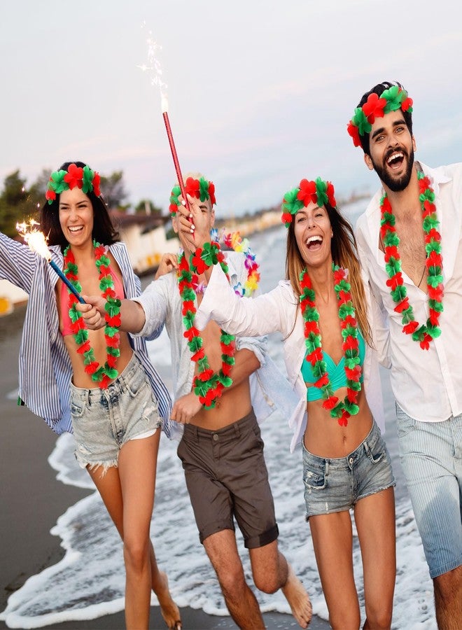 Knitgrip 144 Pcs Christmas Leis Tropical Hawaiian Christmas Decorations Luau Party Necklace Headband and Bracelets Set Flower Necklace Jewelry Favors Decor for Xmas Women Men Beach (Red,Green) - Image 5